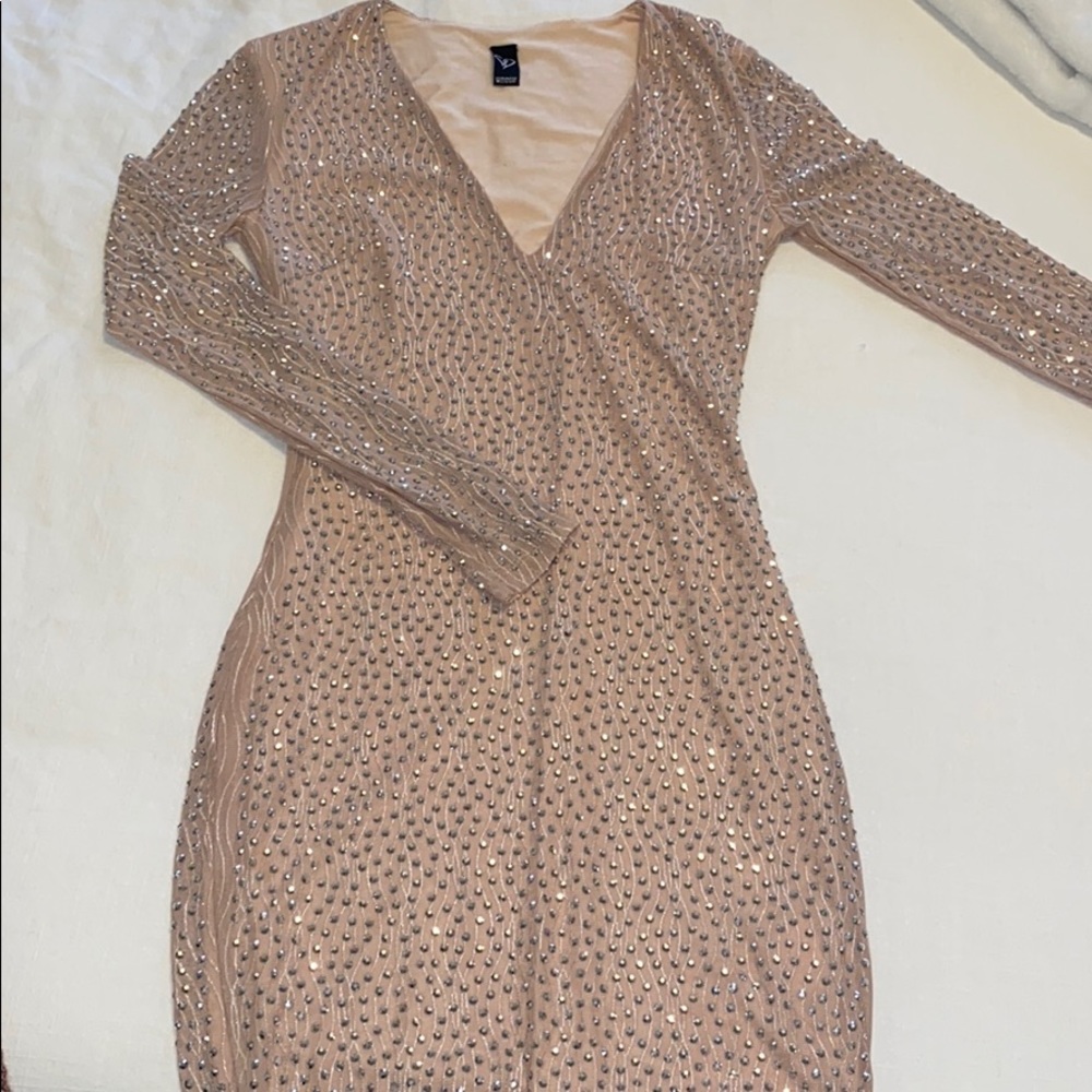 Champagne gold embellished v neck dress